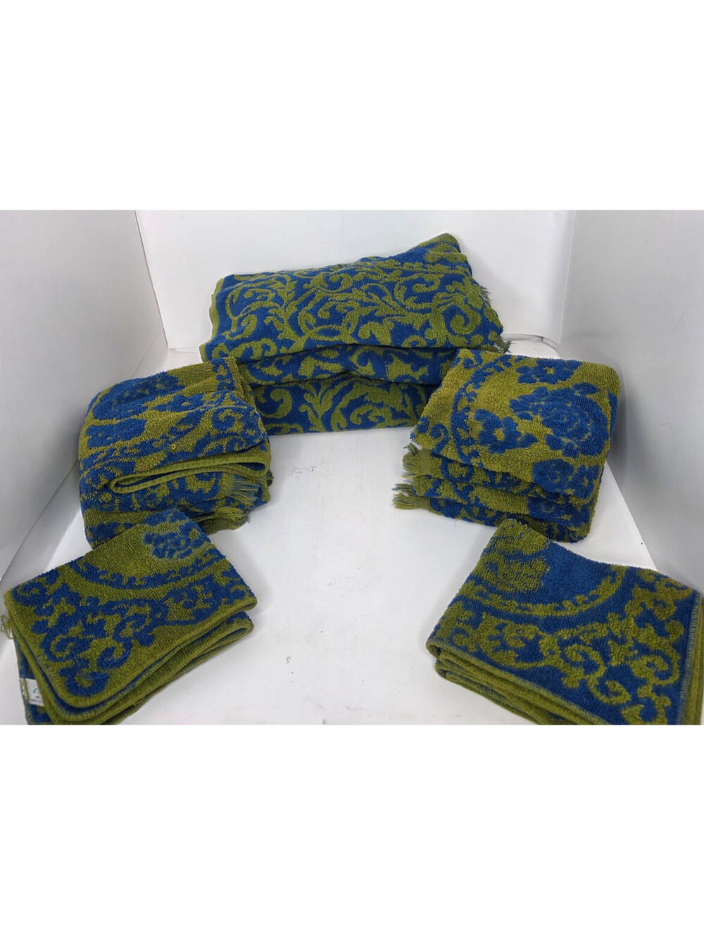 Vtg Cannon Cavalier Towel Set Sculpted Jacquard Blue Olive Green Fringe MCM 70s